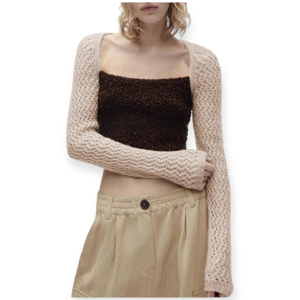 * NEW Zara Contrast Crochet Knit Wool Blend Long Sleve Crop Top Size S